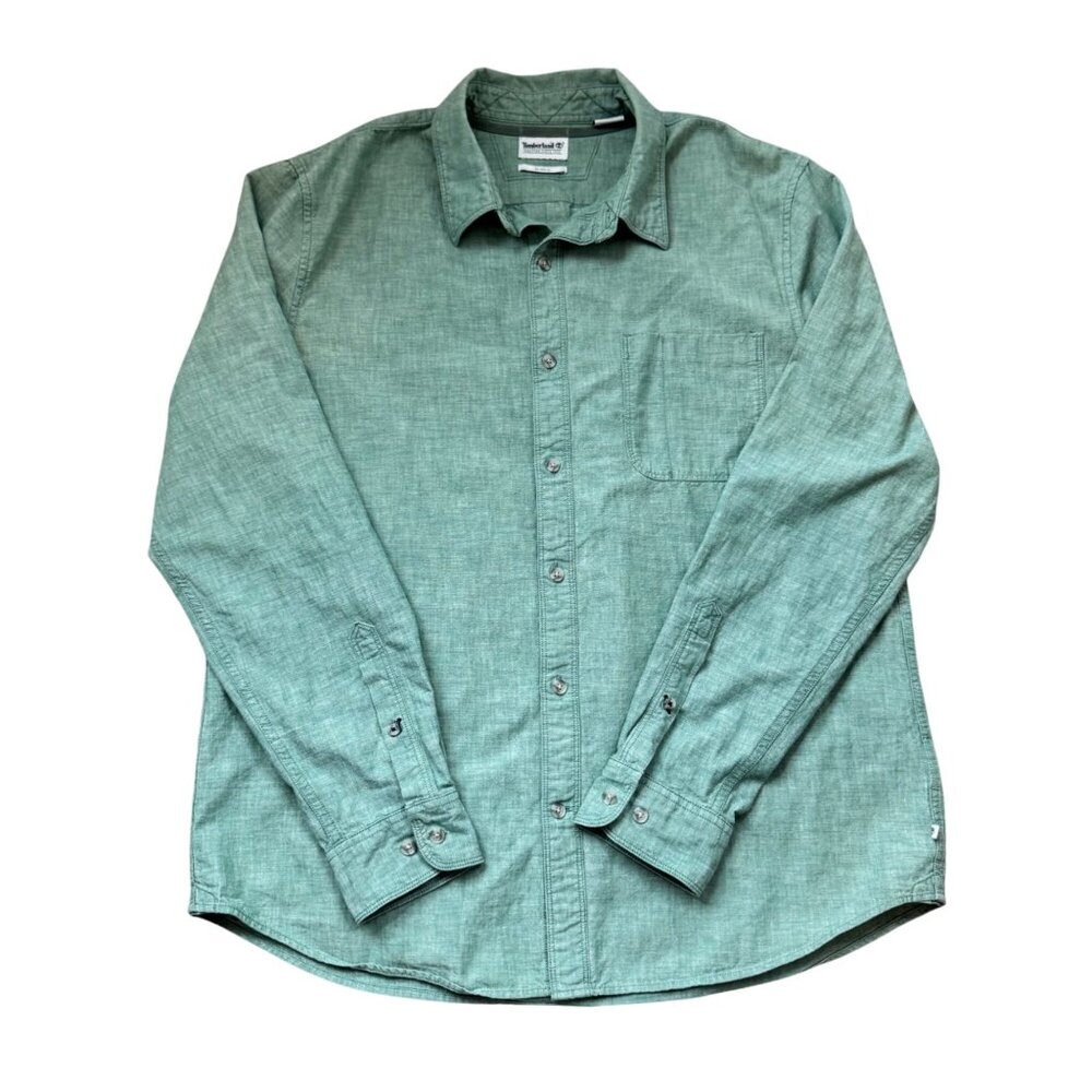 Timberland Mens Slim Fit Green Long-Sleeve Button-Up Shirt XL 100% Cotton